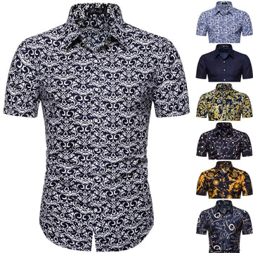 Summer New Men's Short Sleeved Shirt Thin Collar Hawaiian Style Floral Shirt Vacation Series Men's Shirt