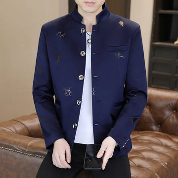 Men's printed small suit, Korean-style slim-fit stand-up collar Zhongshan suit, casual suit, thin coat, trendy and handsome youn