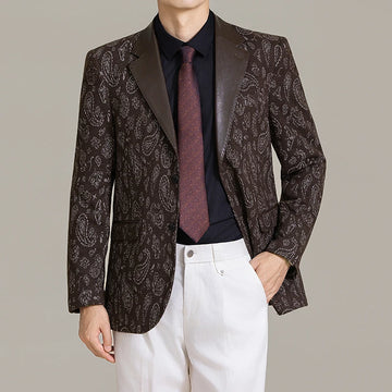 High-quality men's Korean-style slim-fit banquet business suit, fashionable and casual jacquard patchwork leather suit jacket