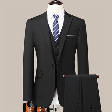 Men's High-Quality Solid Color Three-piece Suit Set - Fashion Casual Handsome Business Suit Vest And Trousers Ensemble