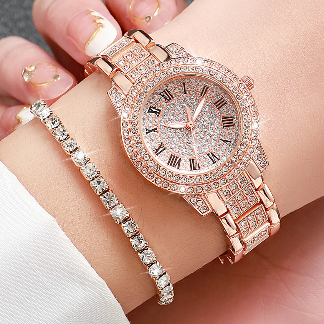 6PCS/Set Women's Watch Fashion Full Diamond Steel Band Quartz Watches Jewelry Set（Without Box）