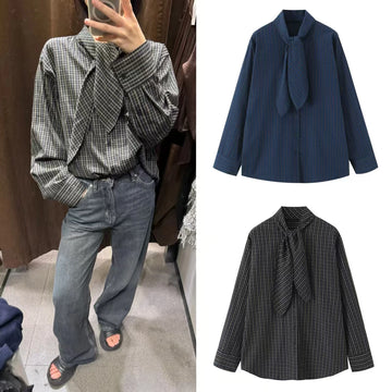 Women's Shirt 2025 Autumn New Arrival Dark Plaid Long-Sleeve Shirt with Scarf Decoration Loose Fit Casual Fashion Versatile
