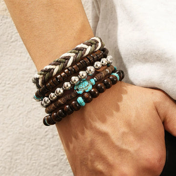 Retro Men Multilayer Stretch Wood Bead Bracelet Mix Color PU Leather Bracelet Bohemian Jewelry Fashion Accessories