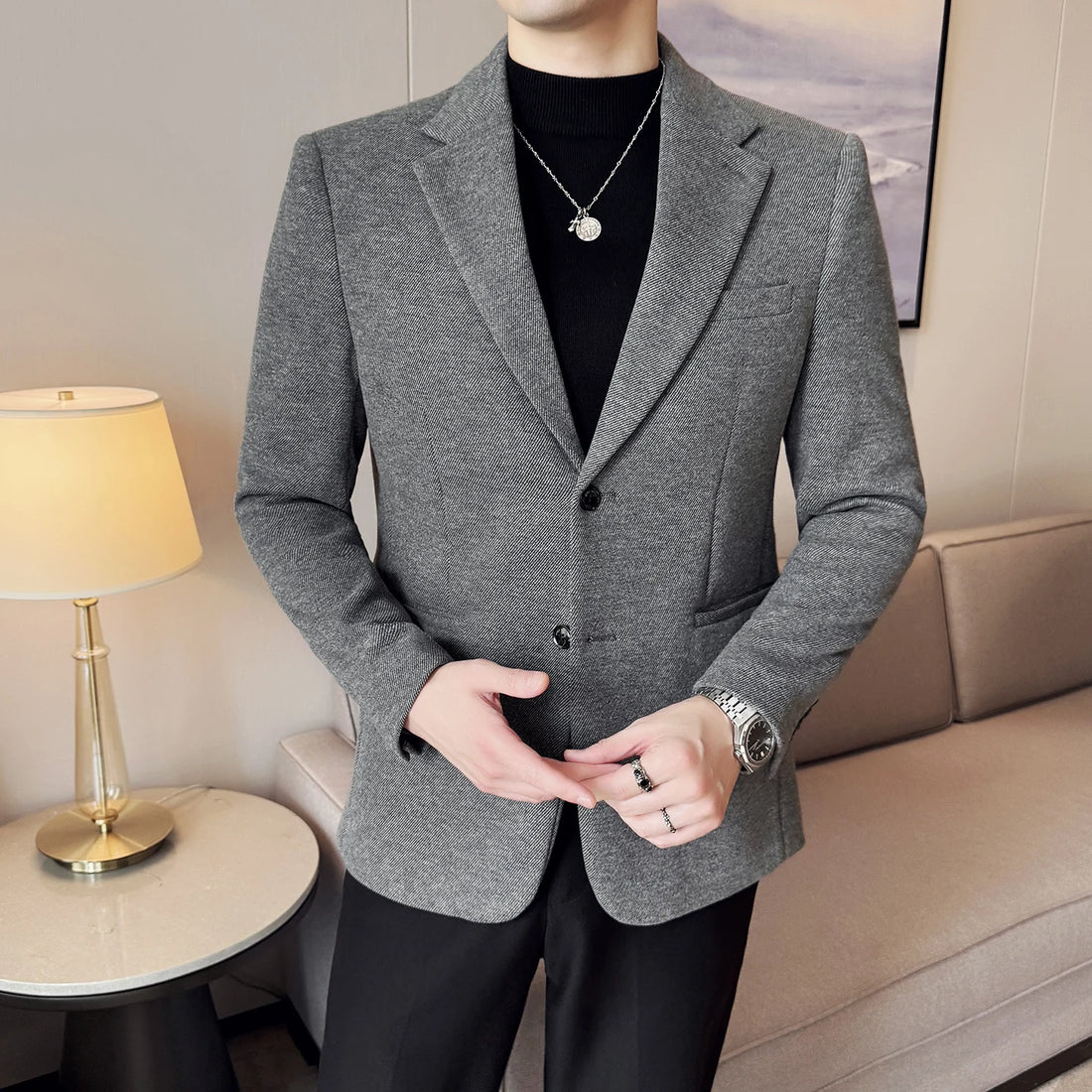 High-quality thickened autumn and winter wool suit, fashionable and casual suit jacket for men, Korean-style slim-fit suit