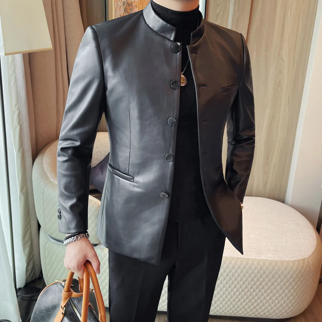 High-quality new Chinese-style black stand-up collar leather jacket, fashionable coat, men's suit, casual business suit
