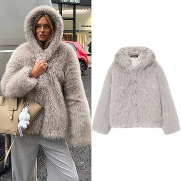 Hooded Faux Fur Jacket Women Autumn Winter Warm Casual Loose Fur Lapel Coat 2025 New Fashion Elegant Ladies New Outerwear ﻿ ﻿