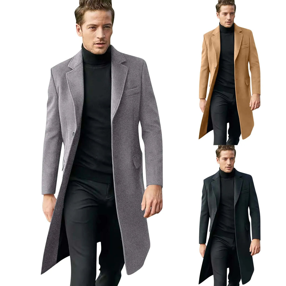 Men'S Trench Coat Long Solid Color Single-Breasted Coat Long-Sleeved Wool Coat Casual Slim-Fit Fashion Jacket Trench Solid Color