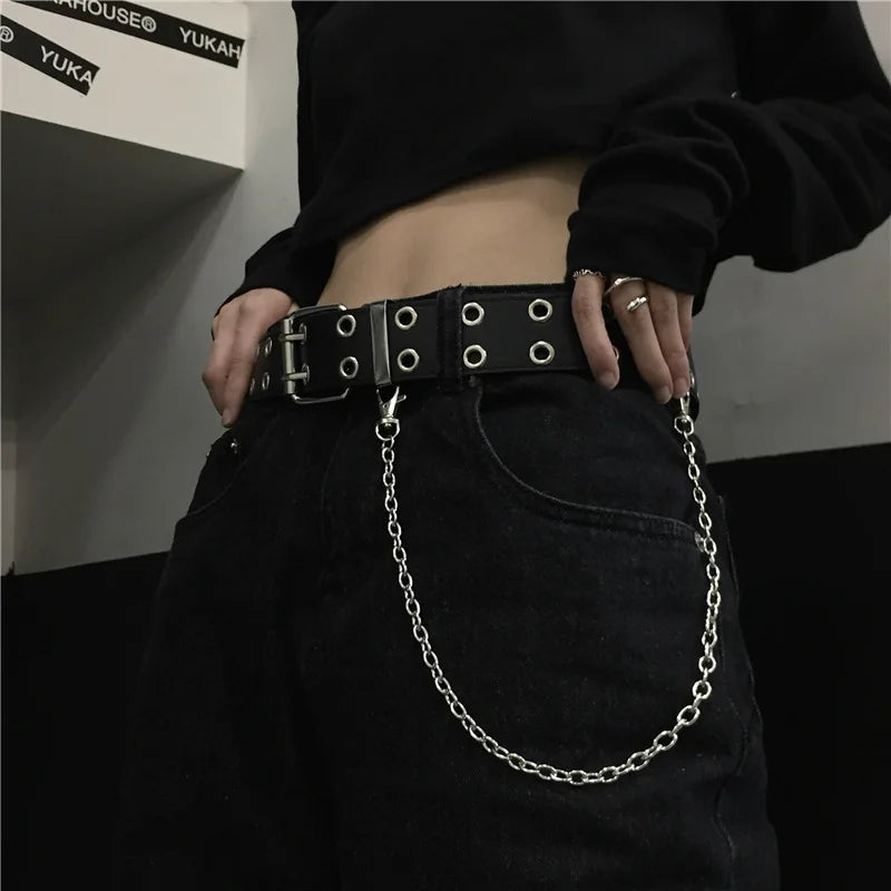 Women's Belt Trend Double Ring Belt Double Hole Eyelet Grommet Leather Buckle Punk Pin Belt Leisure Dress Jeans Gothic Waistband