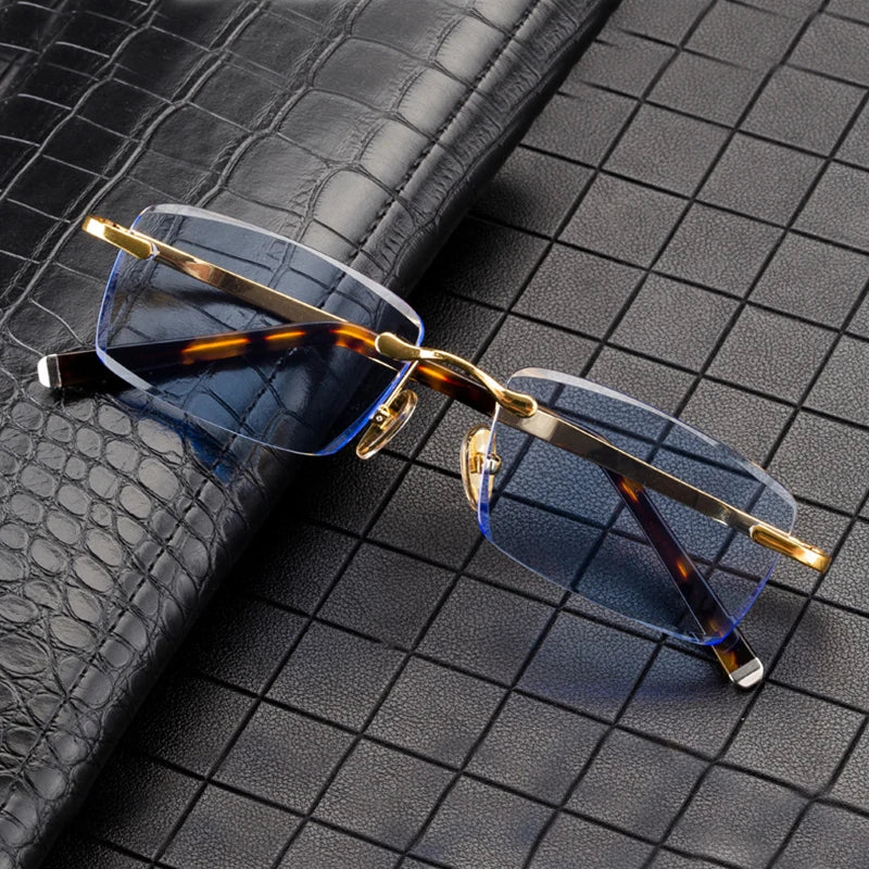 Rimless Glass Sunglasses Man Blue Natural Crystal Sunglasses Woman Luxury Brand Vintage Acetate Frame Mineral Lens Anti Scratch