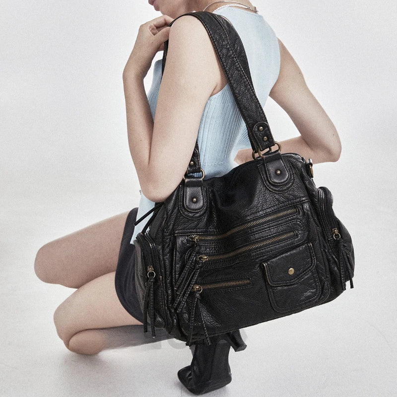 Women's fashion retro Y2K hot girl motorcycle bag large capacity washed distressed shoulder messenger bag