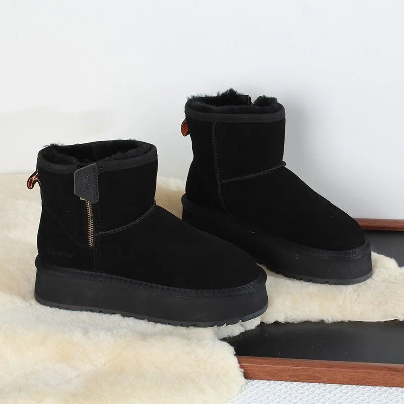 Thick soled snow boots, women's fur integrated new style, thick soled side zipper short boots with thick cotton shoes and plush