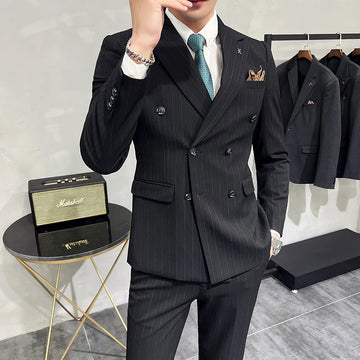 2025 High-quality Korean version slim-fit business (suit + vest + trousers) striped double-breasted suit three-piece set