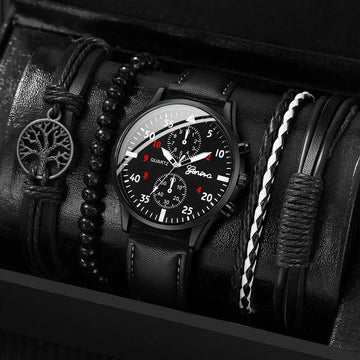 5PCS/4PCS Fashion Men's Business Watches Casual Leather Band AnalogQuartz Watch Vintage Bracelet Set（Without Box）