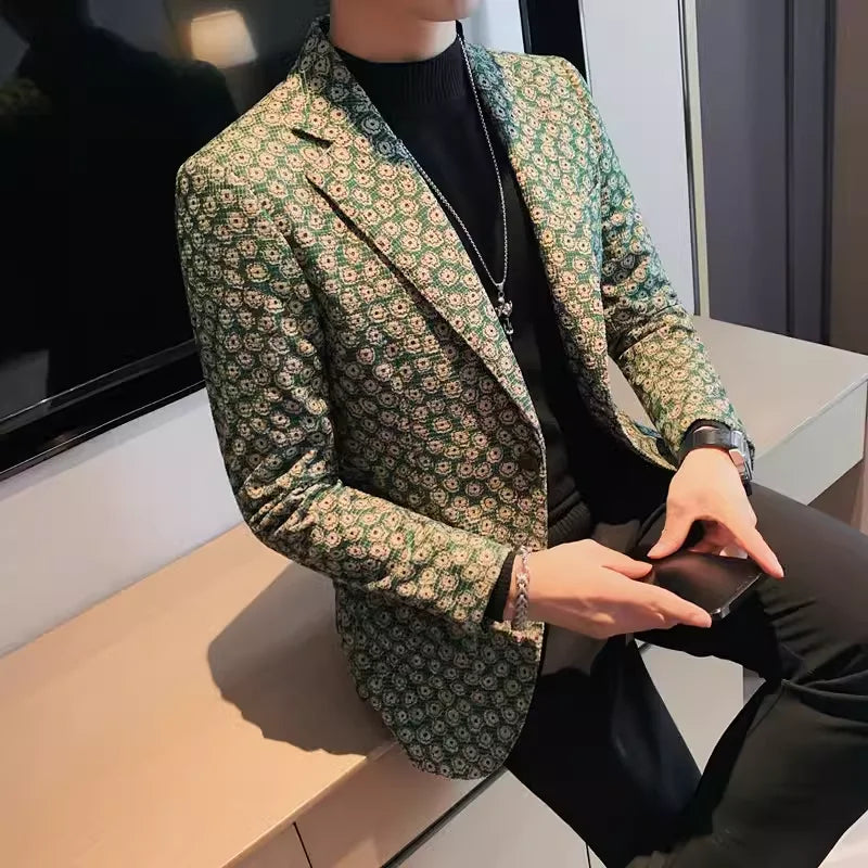 Green Floral Suit Jacket 2024 Slim Fit Business Casual Corduroy Handsome Fashion Winter High Quality