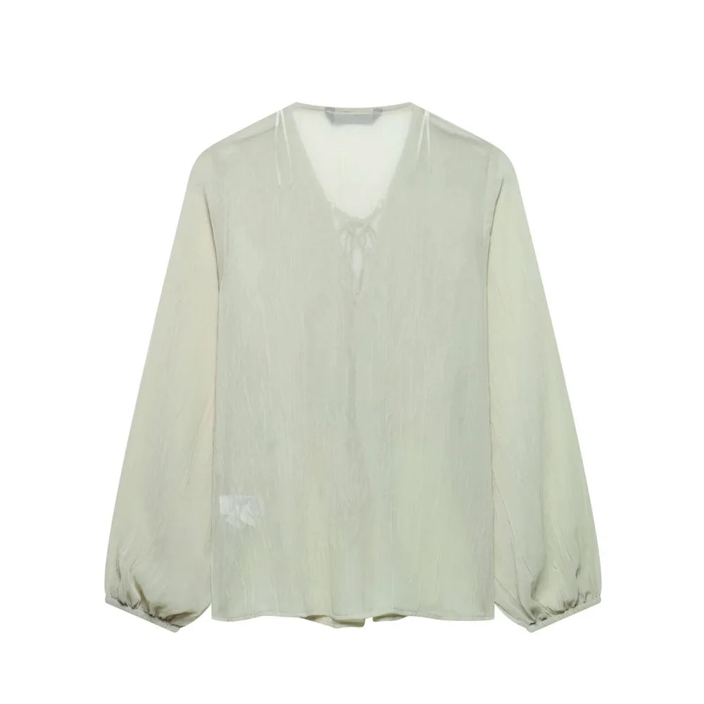 women's loose fitting collar shirt with round neck long sleeved buttons layered ruffle edge decoration lace up sprin