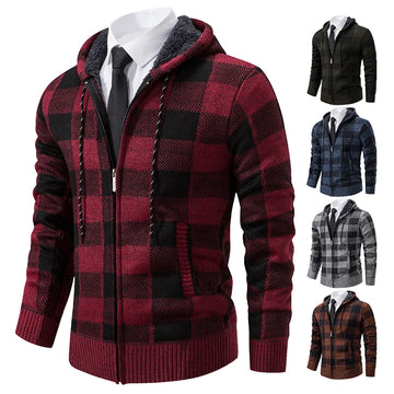 Autumn Winter Men's Cardigan Fashion Plus Velvet Padded Knit Jumpers Male Sweater Hooded Plaid Korean Luxury Brand Coat