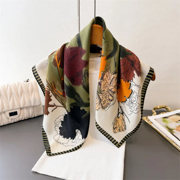 Retro Oil Painting Print Head Scarf for Women Wraps Cotton Feel Hijab Warm Spring Autumn Soft Square Foulard Bandana Neckerchief