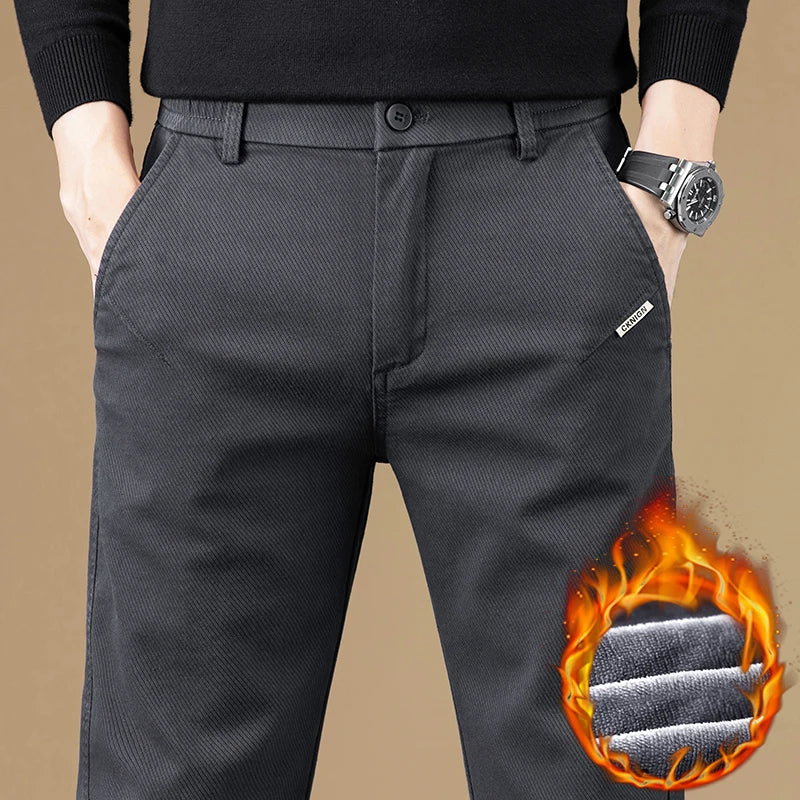 High Quality Winter Warm Fleece Casual Pants Men Cotton Fabric Slim Grey Korea Work Classic Cargo Outdoors Trousers Male 28-38