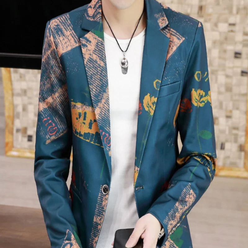 Men's Slim Fit Business Casual Two-Piece Set Autumn 2024 Korean Fashion Print Wedding Suit with Trousers Trendy