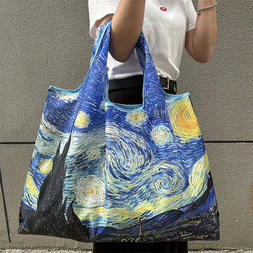 Large-capacity portable shopping bag, lightweight and foldable, oil painting style shopping bag, shoulder bag, large tote bag