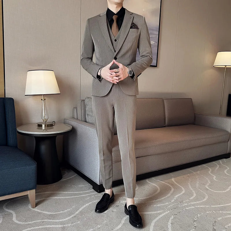 High-quality, fashionable, stylish and versatile British and Korean style slim-fit men's casual solid-color business suit three-