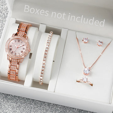 6PCS/Set Women's Watch Fashion Full Diamond Steel Band Quartz Watches Jewelry Set（Without Box）