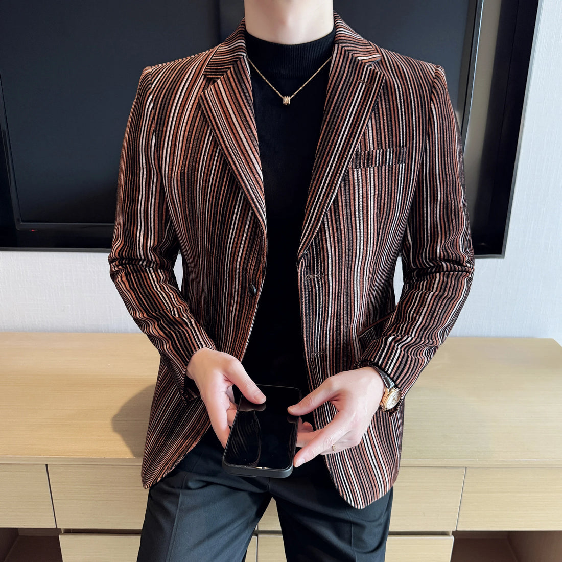 High-quality, stylish striped casual suit jacket for men, British-style business premium Korean-style slim-fit suit