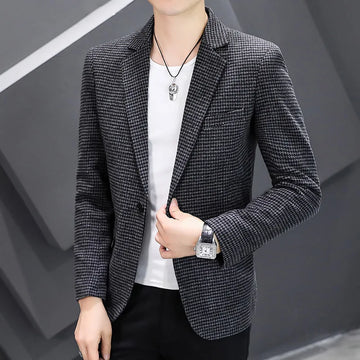 Men's Checkered Loose Suit Stylish Handsome Slim Fit Autumn Winter Wool Jacket Single Breasted Menswear