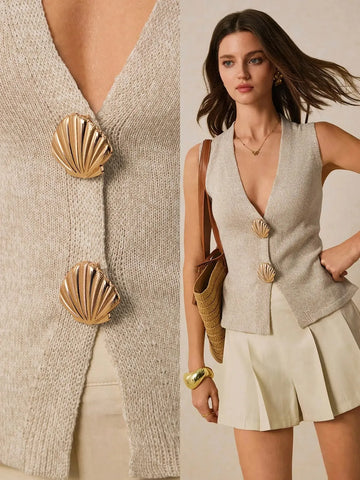 Spring and summer solid color shell button sleeveless slim and elegant women's wool vest