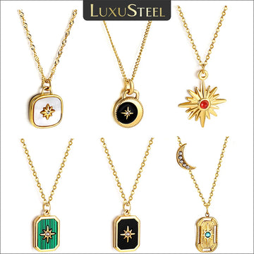 LUXUSTEEL Vintage Star Zircon Shell Drip Oil Pendant Necklace For Women Gold Plated Stainless Steel Geometric Clavicle Chain