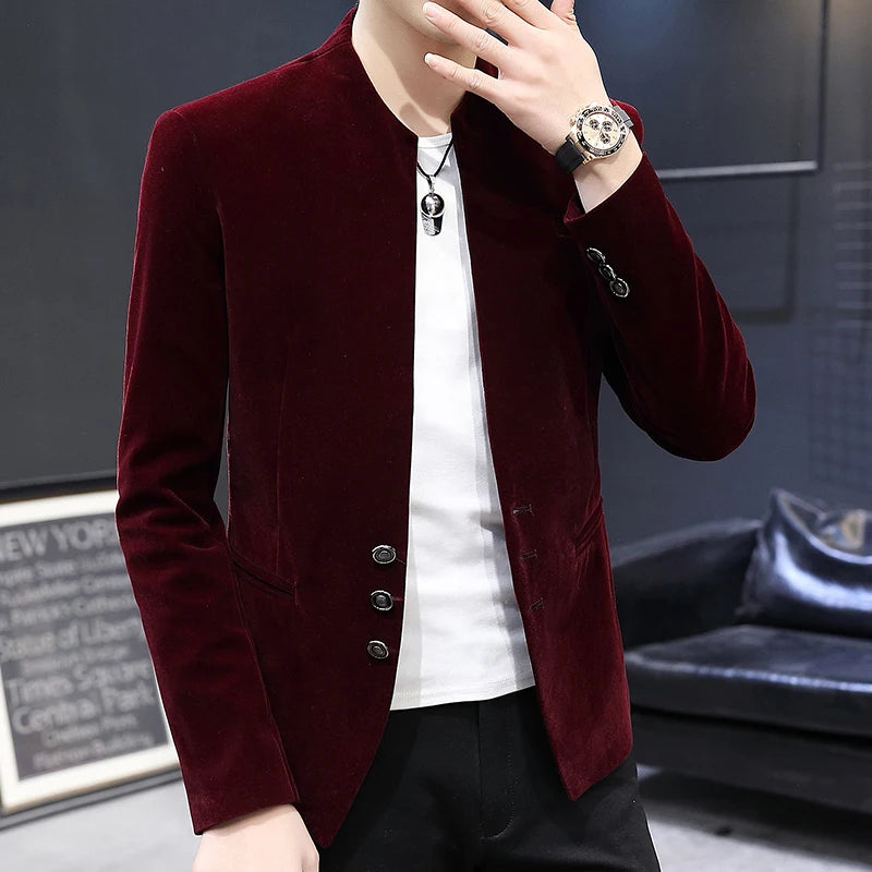 2025 Men's Casual Business Velvet Suit Jacket High-Quality Fashionable Stylish Versatile Solid-Color Craft Stand-Up Collar