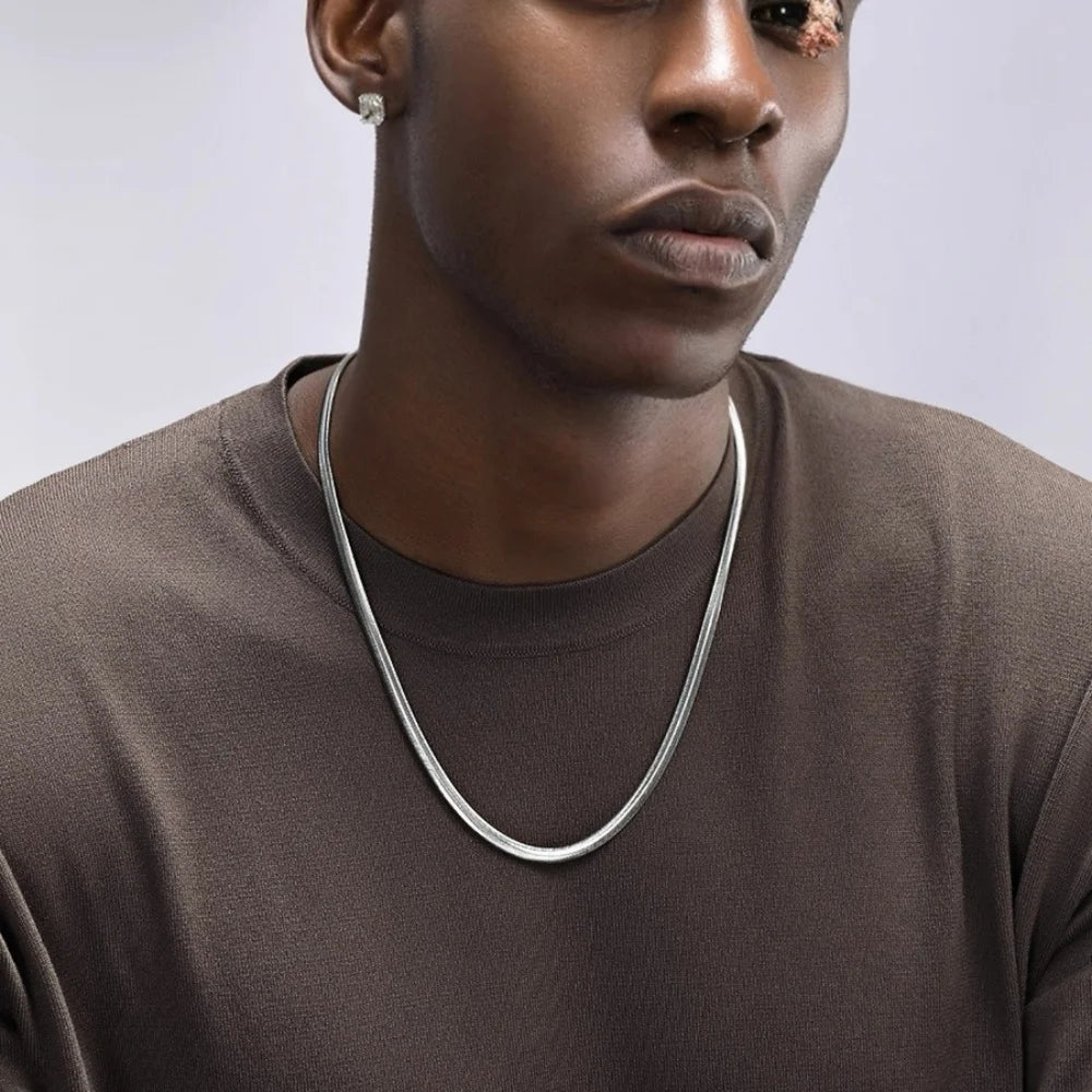 4mm Stainless Steel Flat Snake Chain Necklace Simple Silver Color Soft Chain Men Necklace Hip Hop Jewelry Trendy Accessories