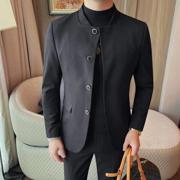 High-quality Chinese-style stand-up collar men's long-sleeved suit, new stand-up collar slim and elastic no-iron suit
