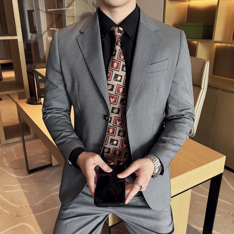 Men's bird's eye pattern high-end craftsmanship summer thin suit set, two-piece wedding banquet business casual suit