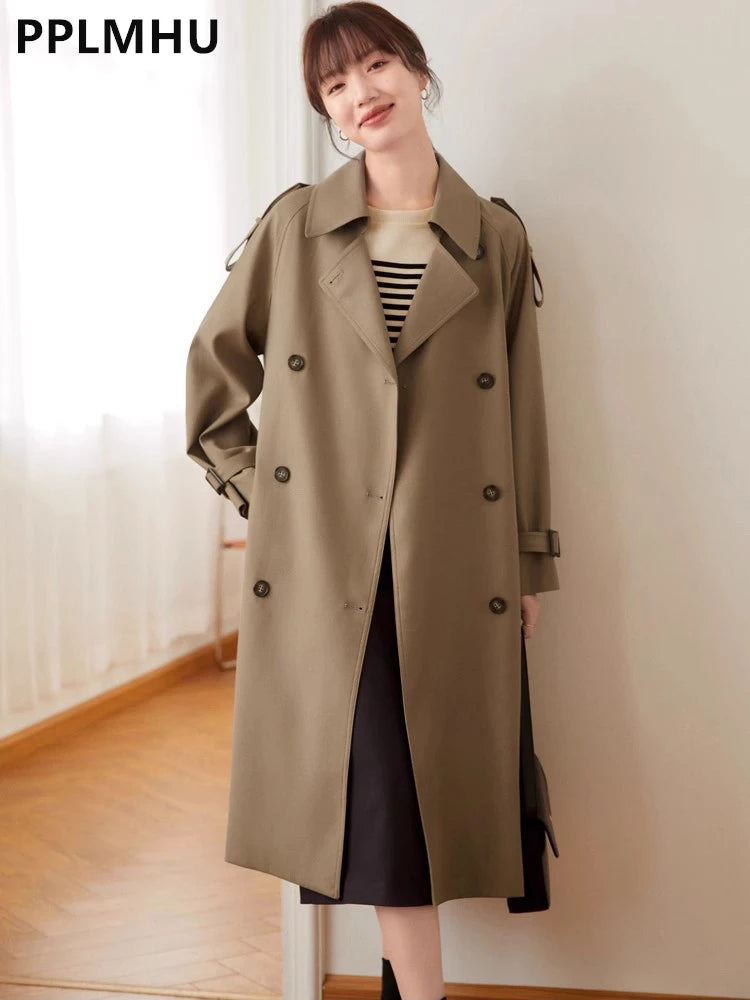 Khaki Double Breasted Long Trench Coats Women Casual Loose Korean Gabardina New Lapel Classic Oversized Windbreaker Jackets
