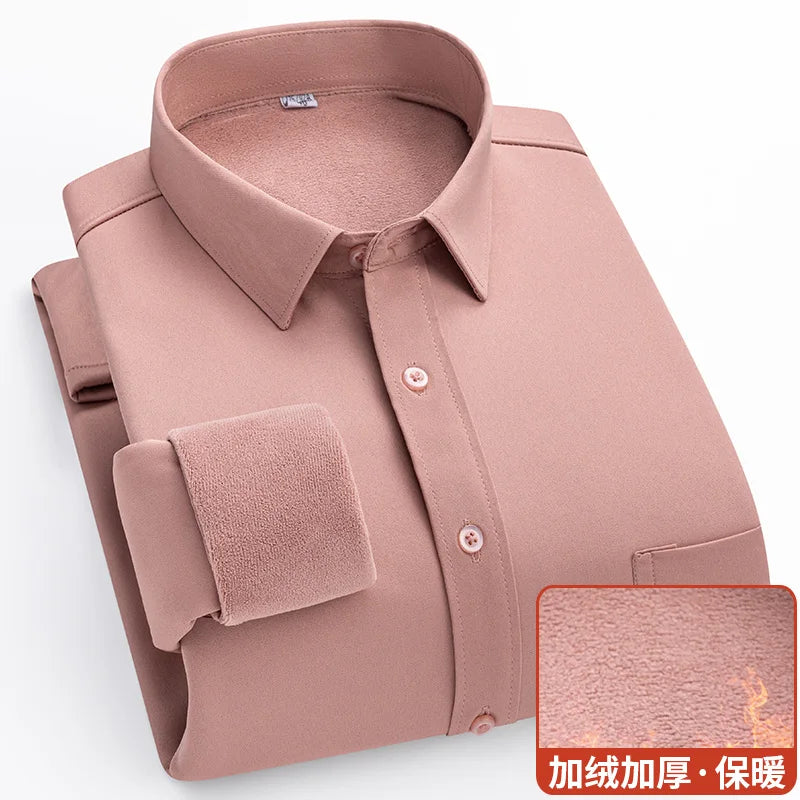Winter men's warm long sleeve shirt with fleece and thickening anti-wrinkle non-ironing business casual professional formal wear