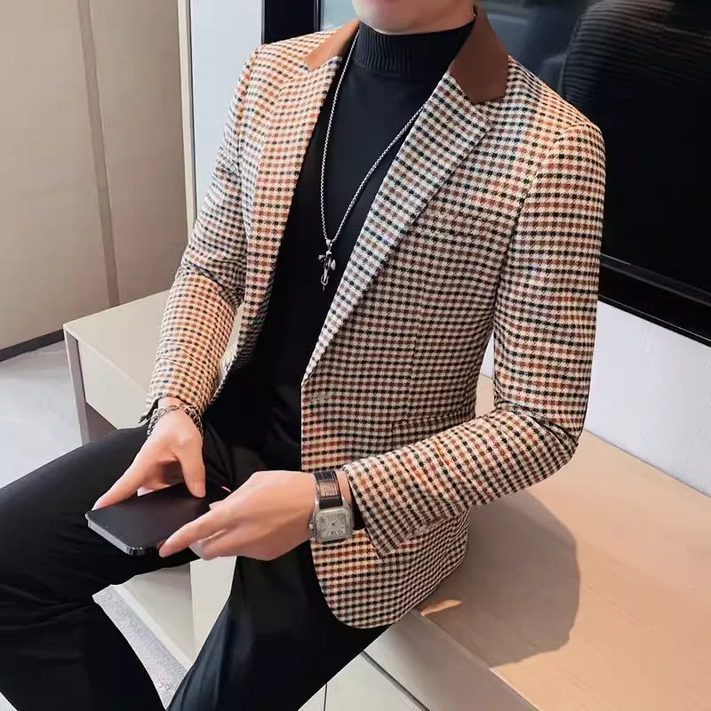 Men's High-Quality Fashion Suit Jacket Handsome Business Casual All-In-One Single-Breasted Checkered Design