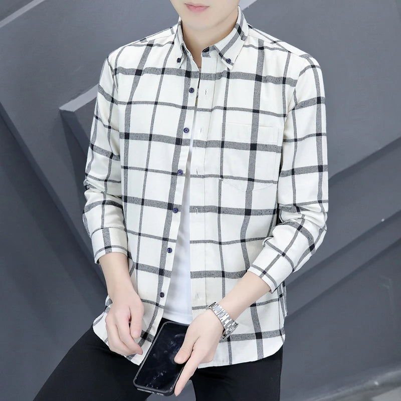 Autumn boys' fashion trend Business casual cool student checked shirt