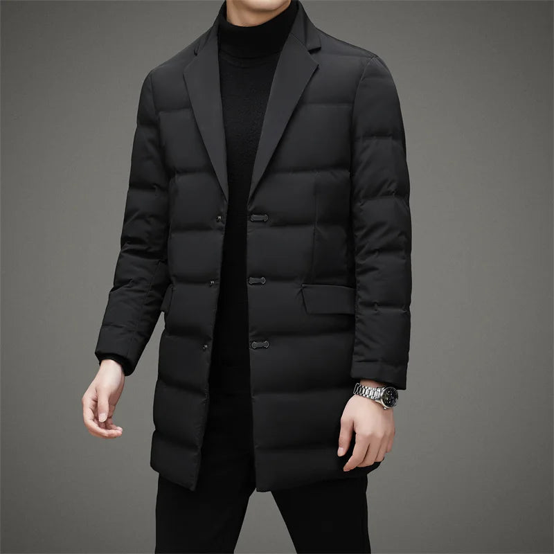 Men's Mid-Length Business Casual Suit down Jacket 2024 High-Quality Stylish Handsome Scarf Collar Winter Coat