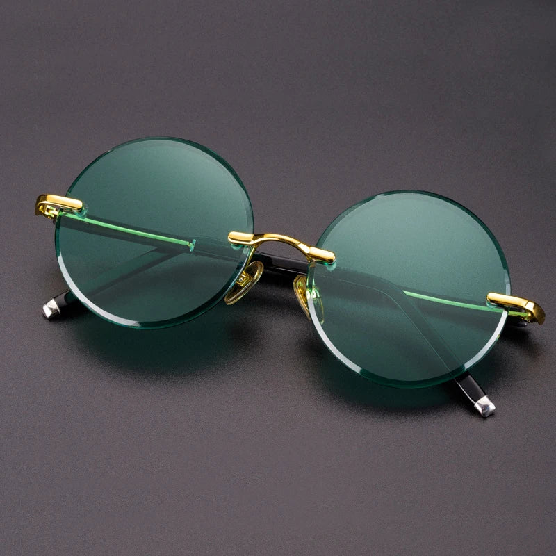 Green Natural Crystal Sunglasses Mineral Lens Round Rimless Glass Sunglasses Man Woman Luxury Brand Vintage Anti Scratch