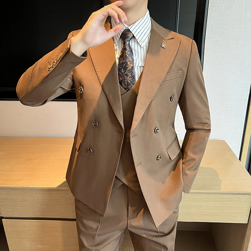 2024 Men's Three-Piece Wedding Suit Set - Double-Breasted Slim-Fit Business Formal Vest Trousers High-Quality Fashion