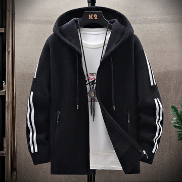Mens Fashion Sweater Cardigan Fleece Lined Hood Sweaters Jacket Retro Sweaters Coat Zipper Up Knit Cardigans