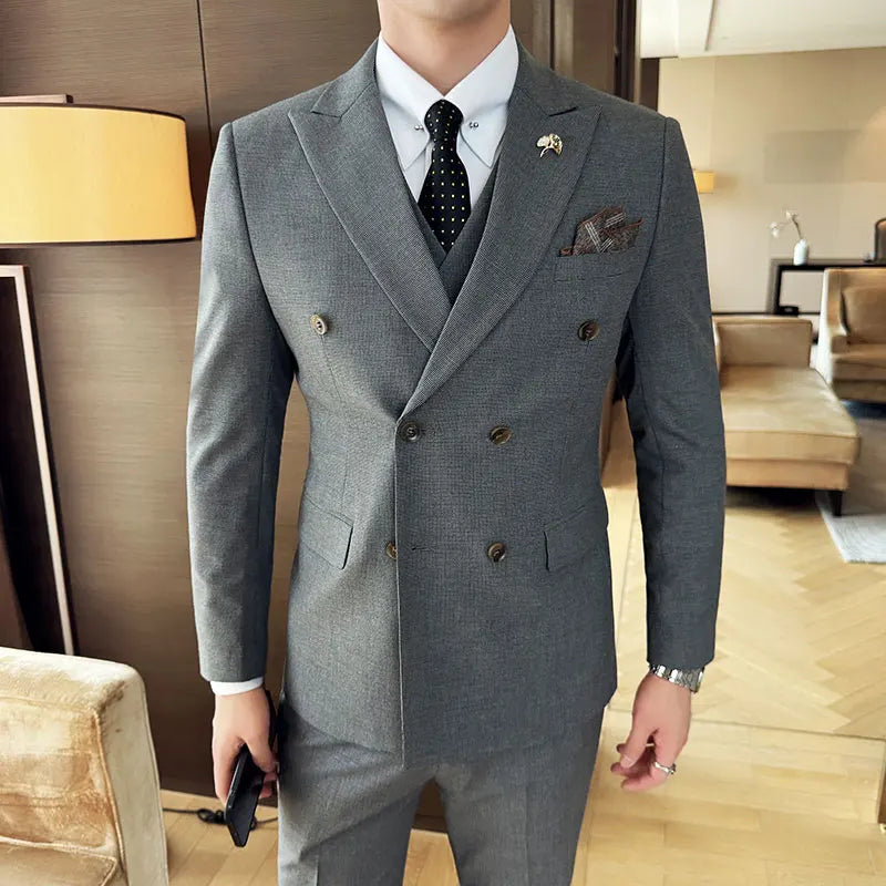 Autumn and winter high-end men's fashionable and stylish suit set, groom's wedding dress three-piece set, Korean-style slimming