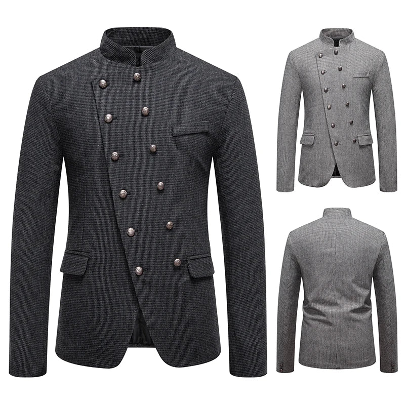 High-quality new men's fashionable business fitted suit with a stand-up collar and slanted front opening for performance
