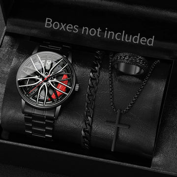 4PCS/Set Fashion 3D Car Wheel Dial Men Sports Watch Luxury Steel Band Quartz Wristwatches Jewelry Set Reloj Hombre（Without Box）