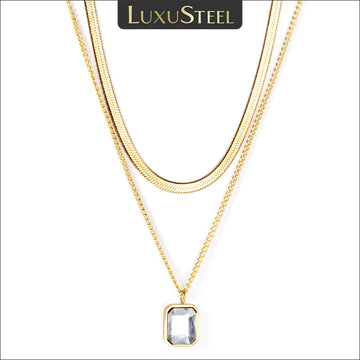 LUXUSTEEL Vintage Square Cubic Zirconia Pendant Necklace For Women Stainless Steel Snake Cuban Double Link Chain Party Jewelry