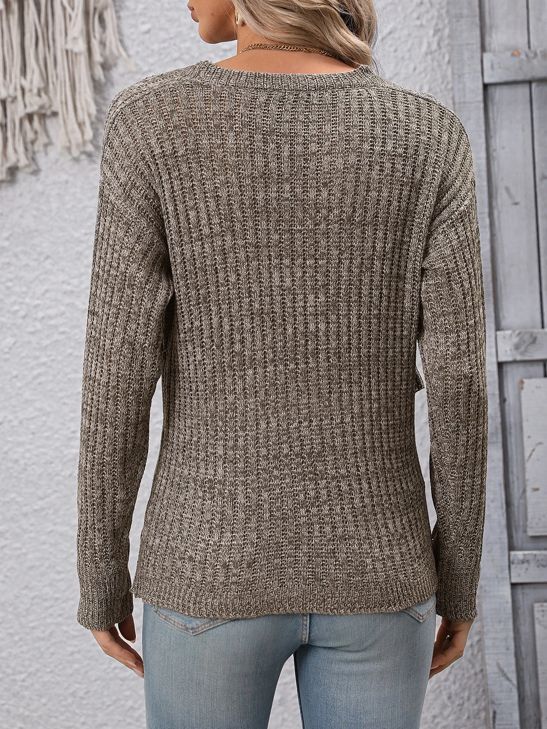 Spring and Autumn women's V-neck design cross casual long sleeved woolen pullover top