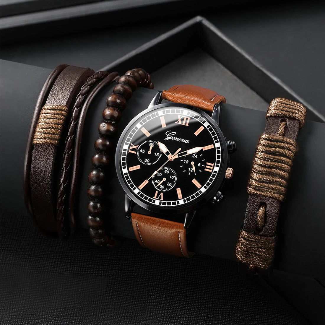 4PCS/Set Fashion Men Quartz Watch Bracelets Set Casual Leather Band Male's Business Watches Relogio Masculino（Without Box）