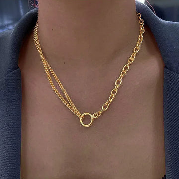 Oval Cable Link With Double Cuban Chain Necklace Women, Stainless Steel Fashion Mix Open Circle Pendant Statement Jewelry