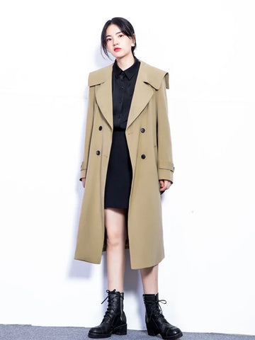 Khaki/Black Spring Fall Long Trench Jackets Korean Casual Double Breasted Gabardina Coats Women Loose Windbreaker Abrigos New